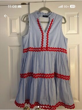 Fashion to Figure Blue & White Striped Sleeveless Mini Dress with Red Trim